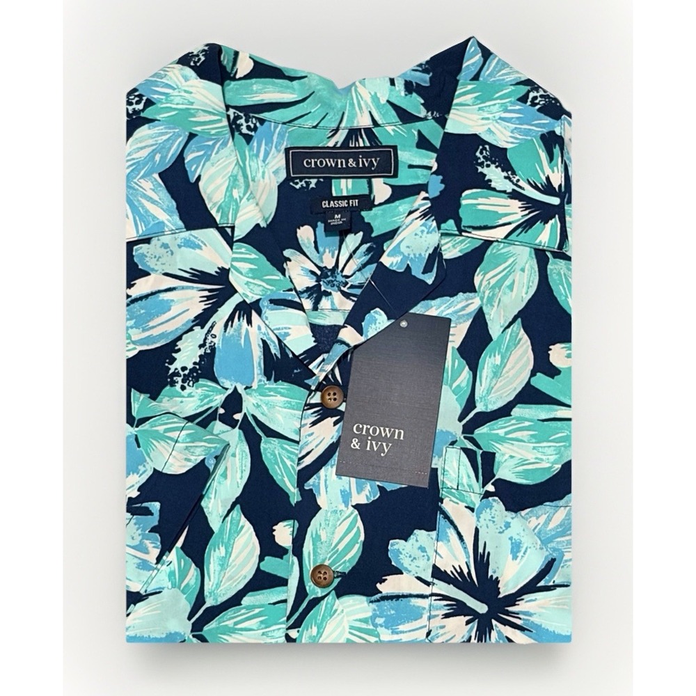Crown & Ivy Mens Blue Tropic Camp Shirt Tropical Floral Short Sleeve Medium NWT